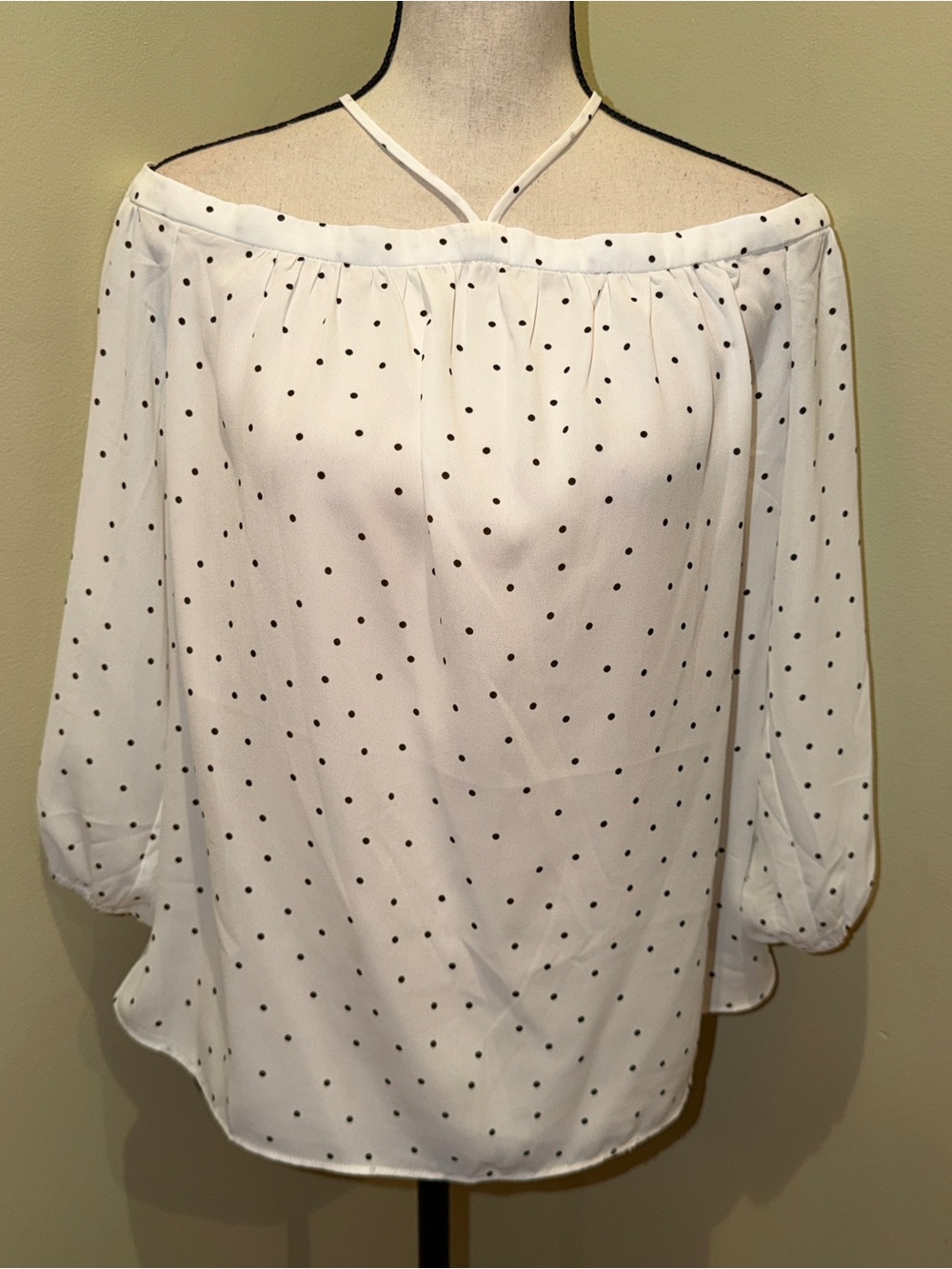 Express Off-The-Shoulder Polka Dot Blouse with Halter Ties - Size M